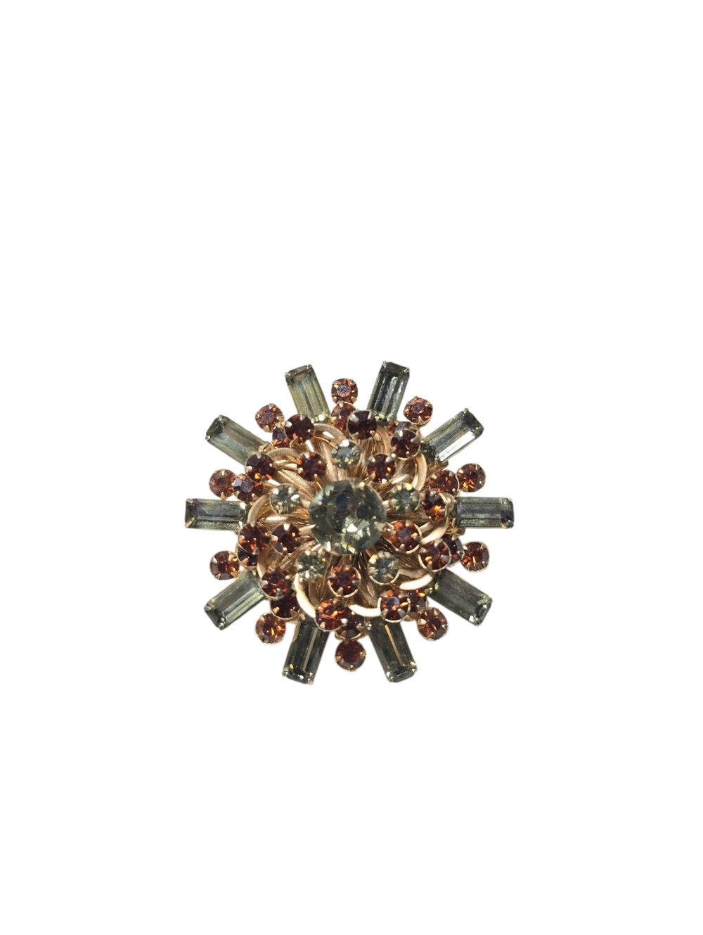 Vintage Starburst Brooch Pin with Amber & Gray Colored Rhinestone? Crystals?